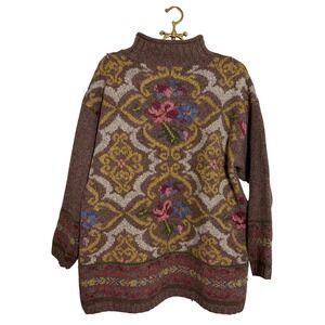 Vintage Express Tricot Wool Blend Floral Damask Mock Neck Sweater Brown Womens M